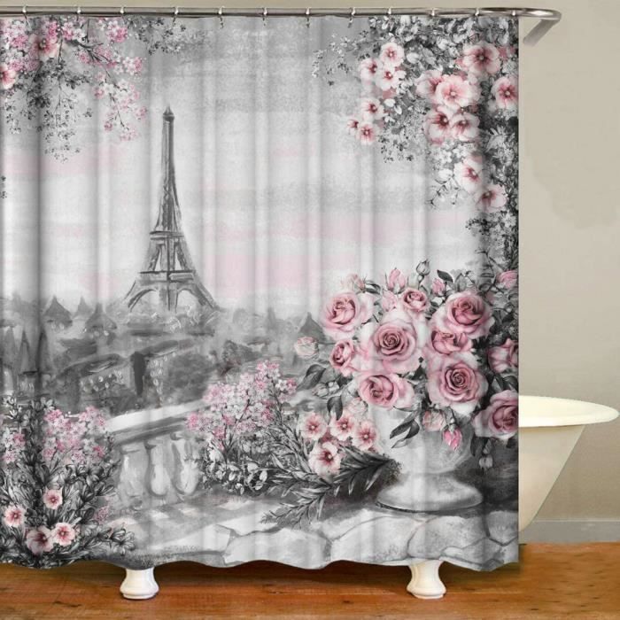 Rideau De Douche Tour Eiffel Fleurs Roses Balcon Tissu Polyester Imperméable 180 X 200cm Anneaux