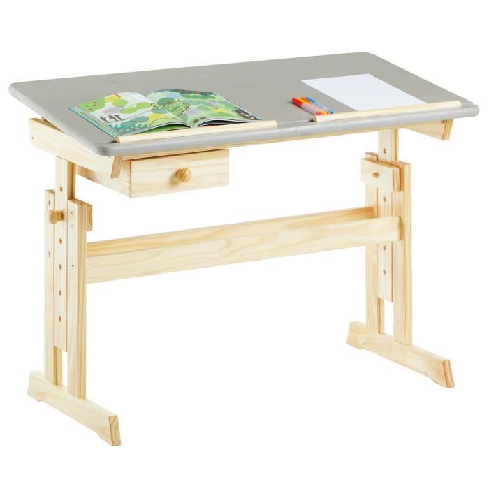 Bureau enfant FLEXI table à dessin réglable en hauteur et pupitre inclinable avec 1 tiroir, en pin massif vernis naturel et gris