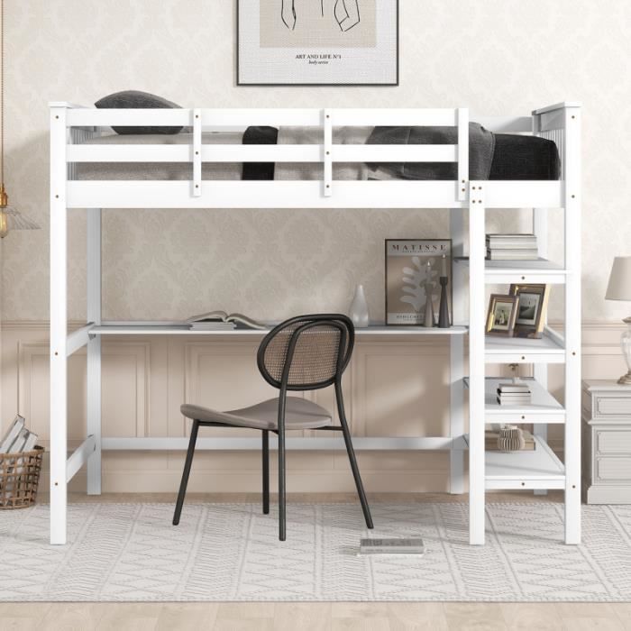 lit mezzanine enfant 140x200cm - misnode - avec bureau et étagère de rangement en bois massif -blanc