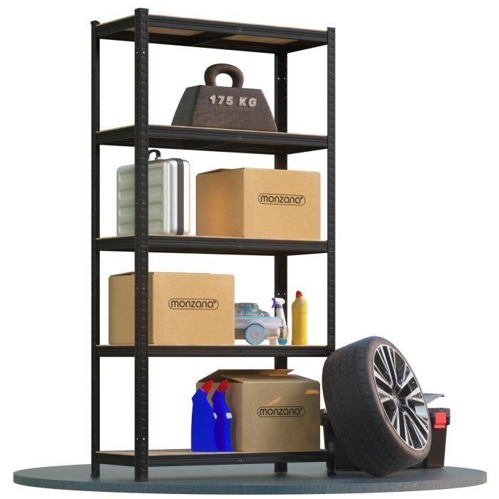 Étagère charge lourde noire 180x90x40cm 5 plateaux MDF max 875kg Étagère métallique modulable Rangement garage atelier
