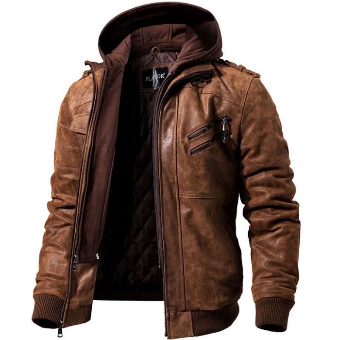 Veste de Moto en Cuir Pour hommes capuche amovible Manteau d'hiver Pour  hommes Vestes en cuir chaud