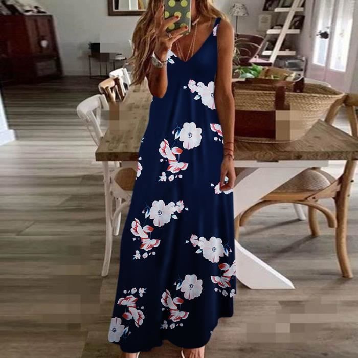 Sexy Chic ete Robe longue sans manches Imprime hawaien Tropical pour femme Bleu