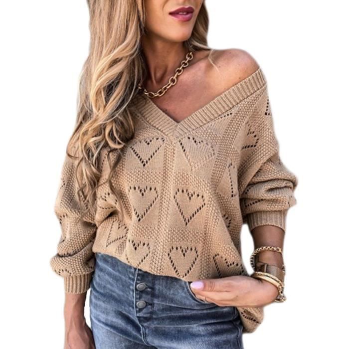Pull Femme Col V Grande Taille Creux Forme Coeur Maille Ample Tricot Chandails Hiver Chaud Chic Elegant Couleur Unie Pull,Kaki