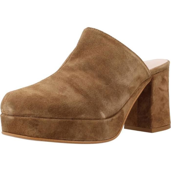 Sabots Femme Cinzia Soft En Cuir Marron - Talon Moyen Bloc Avec Plateau, Tailles 35 à 40 - Neufs Avec Boîte