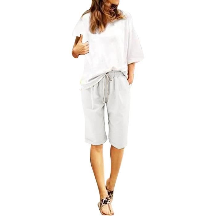 Pantalon Femme Cargo Court Écontracté avec Poches Taille Haute