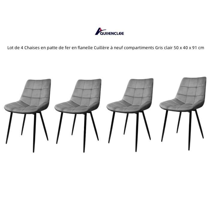 QUIIENCLEE Lot de 4 Chaises en patte de fer en flanelle Cuillère à neuf compartiments Gris clair 50 x 40 x 91 cm