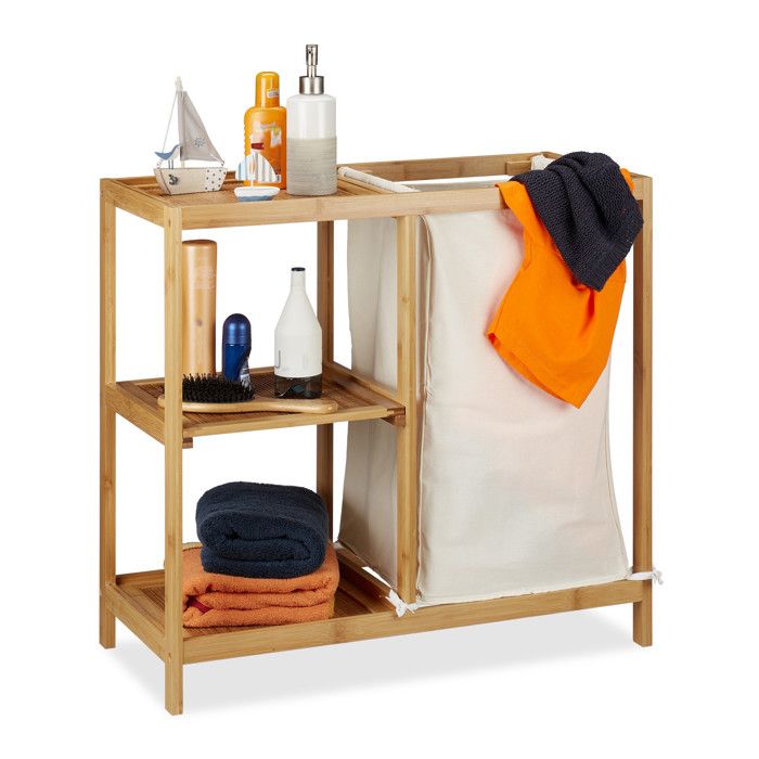 Relaxdays Etagère de salle de bain corbeille à linge 3 étages bambou panier à linge sac linge 65x68x33 cm nature