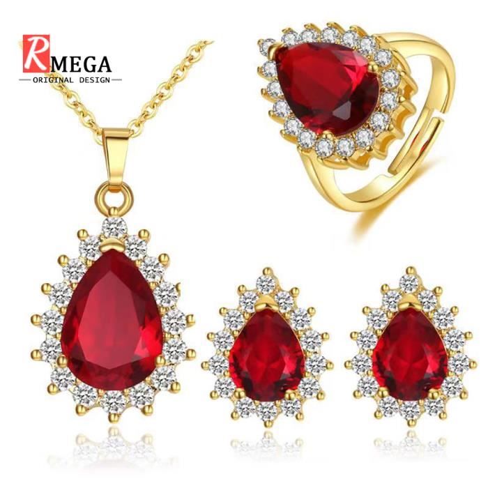 parure bijoux ajustable pour femme cadeau mariage rmega® boucle d'oreille collier bague - noël - rouge