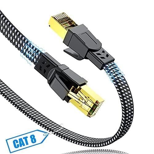 Câble Ethernet Cat8 2M - 40Gbps 2000MHz - Double Blindage S/FTP - Nylon Tressé - RJ45 Plaqué Or - PS5 PS4 Xbox Routeur PC