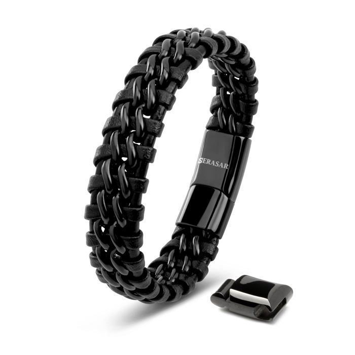 Bracelet en Cuir pour Homme SERASAR B012-23 Noir  Bijoux élégants et à la mode cadeau parfait pour mari ou petit ami.