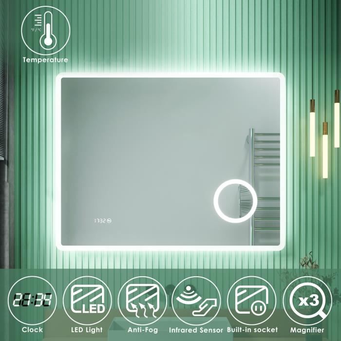 SIRHONA Miroir De Salle De Bain LED 90x70cm Couleurs Modifiables Et Luminosite Reglable Avec Affichage De Heure Et Temperature Et Prise Miroirs Led 85599950