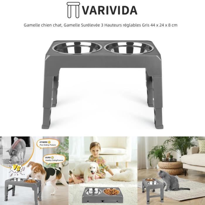 Meilleurs prix pour Gamelle surélevée pour chien et chat - VARIVIDA - 3 hauteurs réglables - ABS, acier inoxydable, PP - Gris