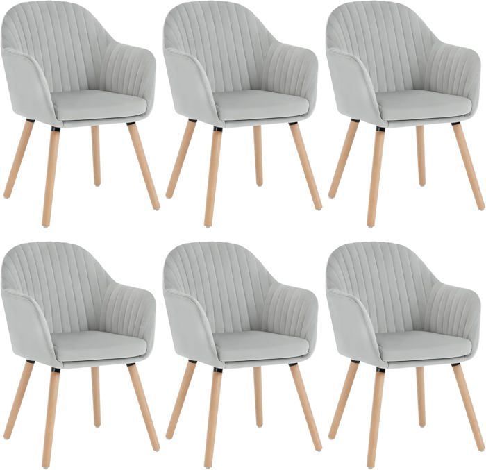 WOLTU 6x Chaises de salle à manger en velours Chaise pour cuisinesaloncafé Pieds en bois massif Gris Clair W0ATT0148-6