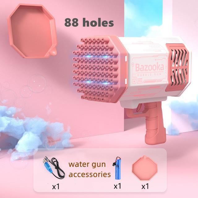 Pistolet à Bulles Électrique Enfant - 69 Trous, 10 000+ Bulles/Minute, Avec Effets Lumineux, 2 Bouteilles De Solution