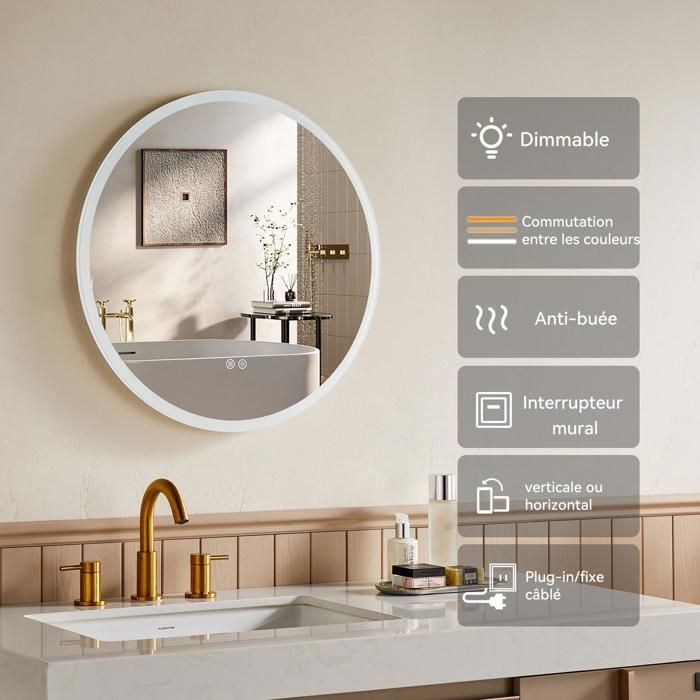 Miroir LED Design Coupé 54x60 Cm - Éclairage Frontal Dimmable 6000K - Anti-Buée, Prise EU Incluse - Pour Salle De Bain Moderne - 4