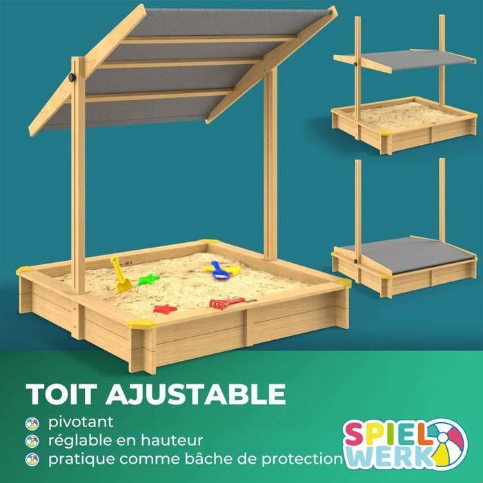 Spielwerk Bac à sable en bois d'épicéa 140x140cm avec toit réglable