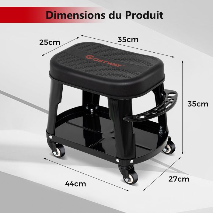 Tabouret de garage à roulettes pivotant robuste et économique pour mécaniciens, avec plateau à outils, chaise réglable, roulettes pivotantes, outillage de garage