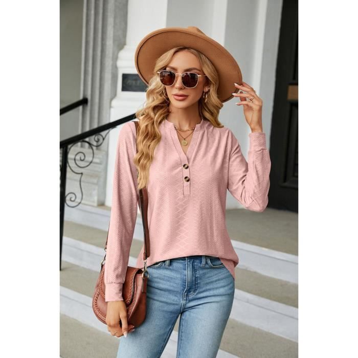 T-shirt Femme Col En V Manches Longues - Coton Uni, Coupe Simple