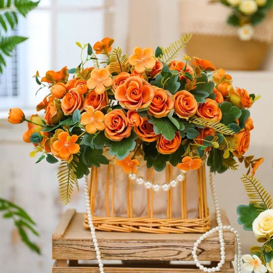 Lot De 2 Bouquets De Roses Artificielles D'automne - Roses, Chrysanthèmes, Marguerites, 34 Cm - Décoration Maison, Mariage, Halloween