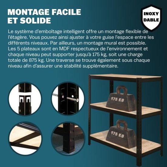 Monzana Étagère Métallique 5 Niveaux 180x90x40cm - Charge 875kg - Rangement Garage Atelier