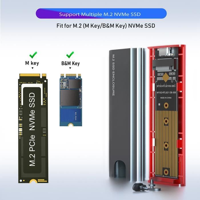 Boîtier SSD M.2 Nvme 20Gbps USB 3.2 Gen 2 pour SSD 12 + 16 Broches