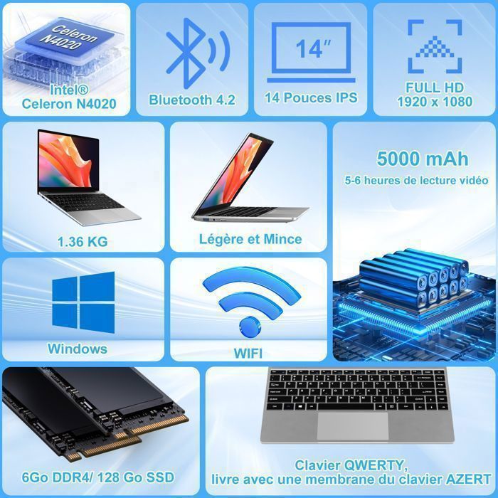 PC Portable 14 FHD 6Go RAM Stockage 128Go - Ordinateur portable Windows  11, Intel Celeron N4020 -WIFI -HDMI -Avec Souris - Argent - Cdiscount  Informatique