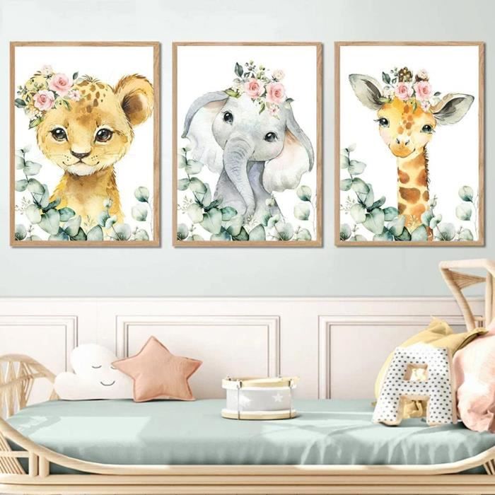 6 Affiche Animaux Jungle Chambre Bebe Girafe Léopard Elephant Zèbre Tigre  Lionceau Fleurs Toile Colorée Poster Tableau Murale - Cdiscount Maison
