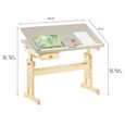 Bureau enfant FLEXI table à dessin réglable en hauteur et pupitre inclinable avec 1 tiroir, en pin massif vernis naturel et gris-3