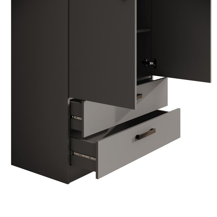 Armoire 2 Portes 3 Tiroirs Moderne – Dimensions 180x80x50 Cm, Chêne/noir/blanc/gris, Avec Penderie - 6