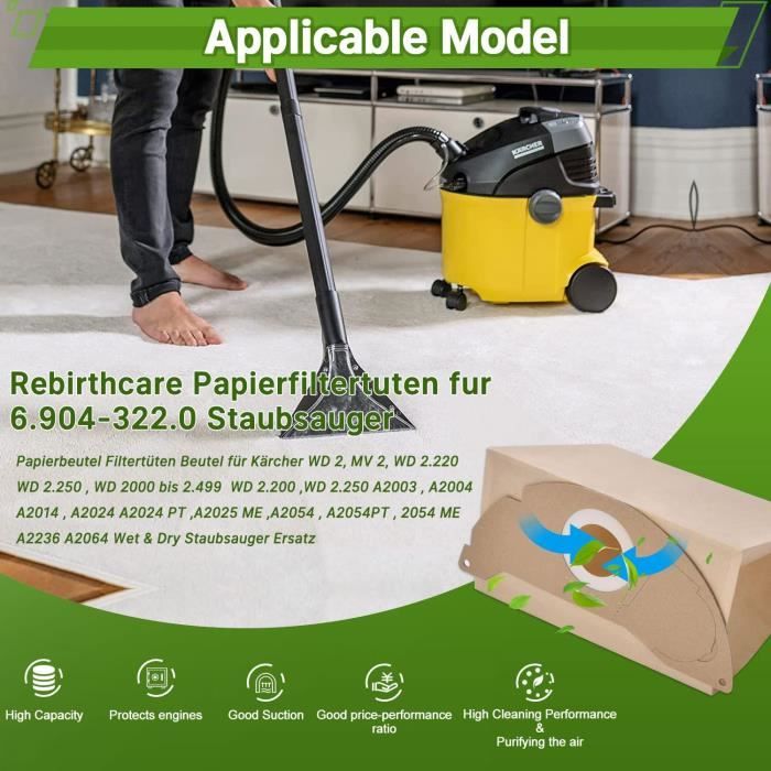 15 Sacs Aspirateur pour Karcher WD2 MV2 WD WD2250 A2004  A2054 A2099 Sacs Filtre Papier de Rechange pour Aspirateur