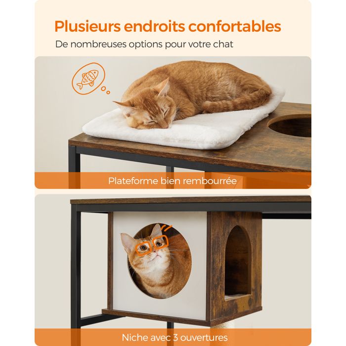 Arbre à Chat FEANDREA Maison avec Cachelitière Gamelles Surélevées Poteau à Griffer en