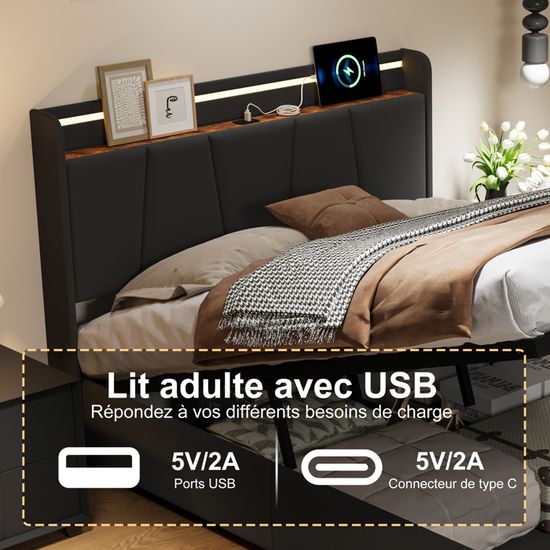 Lit Coffre 140x190 Avec éclairage LED Et Ports USB - Tête De Lit Avec Rangement, 2 Tiroirs, Sommier à Lattes - Gris Foncé