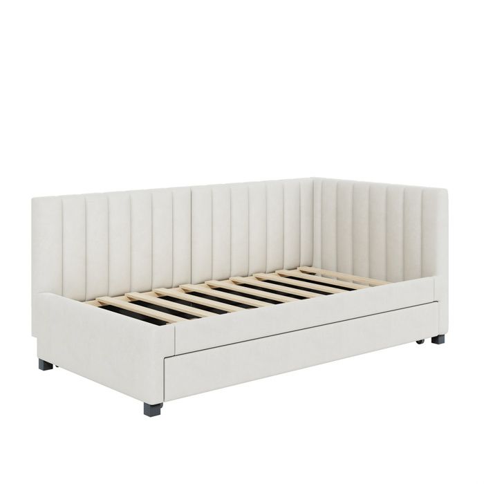 Canapé-lit En L Rembourré Velours Beige – 140x200 Cm + Lit Gigogne 90x190 Cm – Sans Matelas – Dossier Fleuri - 7