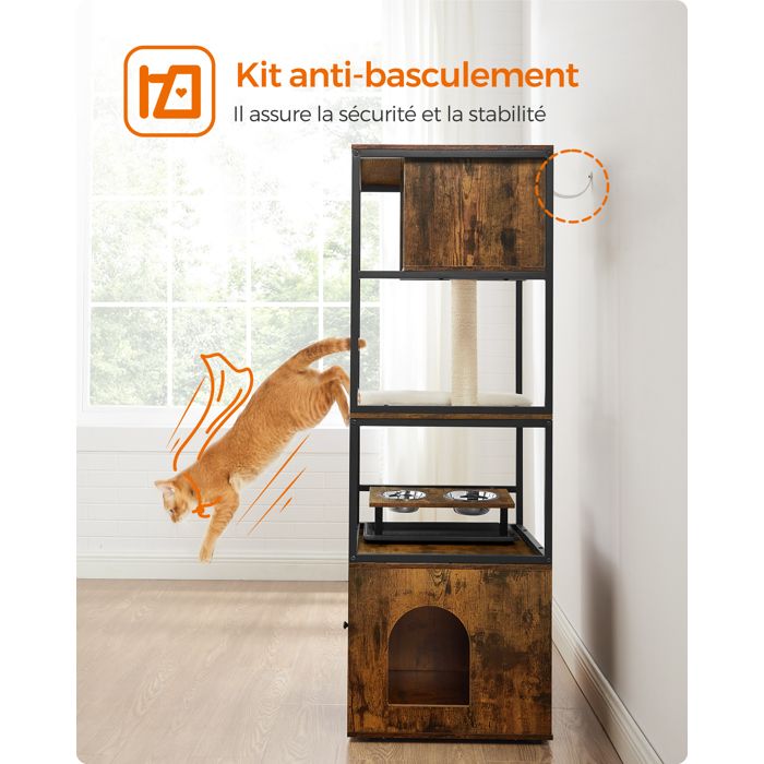 Heybly Arbre à Chat En Bois Avec Cache-litière Et Station D'alimentation – Meuble Tout-en-un Marron Rustique