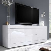 Meuble TV 2 portes 2 tiroirs Blanc laqué brillant - MATERA - L 210 x l 43 x H 66