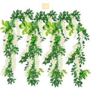 FLEUR ARTIFICIELLE Guirlande de fleurs artificielles glycine - Lot de 3 - 180 cm - Feuilles de lierre - Vertes