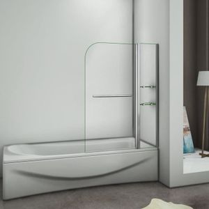 PORTE DE BAIGNOIRE Pare-baignoire pivotant AICA - 120x140cm - 6mm verre trempé - porte-serviette et étagères