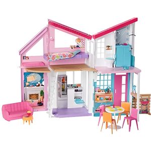 MAISON POUPÉE Barbie Mobilier La Maison à Malibu repliable pour poupées, deux étages et plus de 15 accessoires, jouet pour enfant, FXG FXG5