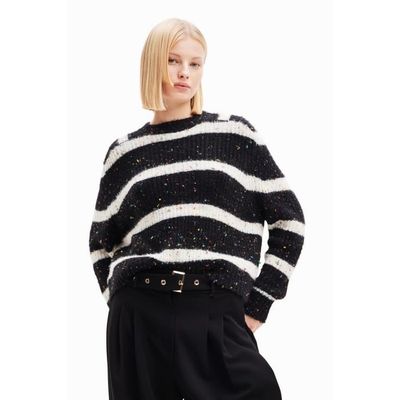 Pull Desigual Noir à Motifs Fleurs Et Rayures - Taille XL (40/42), Coton/viscose, Occasion Très Bon état