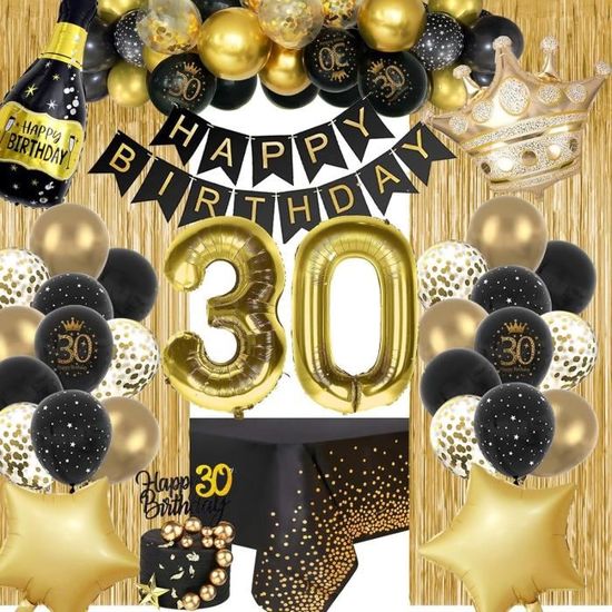 Decoration Anniversaire 30 Ans Homme Femme, Ballon Anniversaire 30 Ans Noir Et Or, Bannière