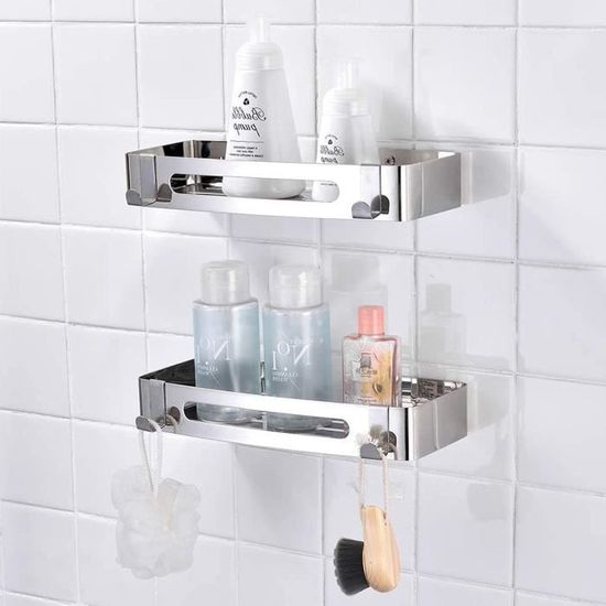 AceMining Rangement Salle De Bain, 5 Pcs Argent Etagere Salle De Bain Accessoire Sans Percage, 201 Acier Inoxydable Etagere Douche Avec Adhésif, Rangement Douche