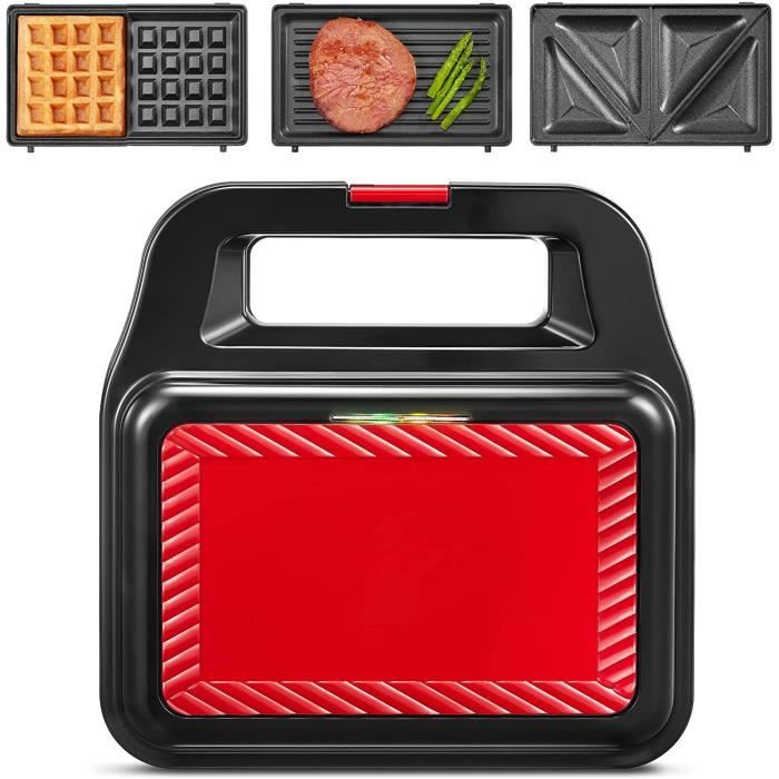 gaufrier 3 en 1, appareil croque monsieur, machine à sandwich, presse à panini électrique avec 3 plaques antiadhésives amovibles,
