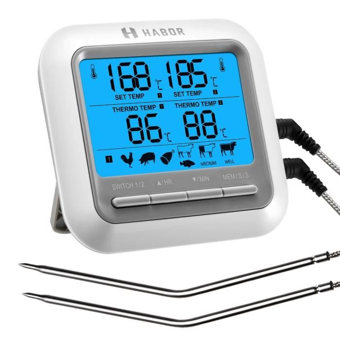 Habor Thermomètre de Cuisson Numérique, Double Sondes Inox avec LCD Écran, Thermomètre de Viande avec Minuterie, Thermomètre Cuis