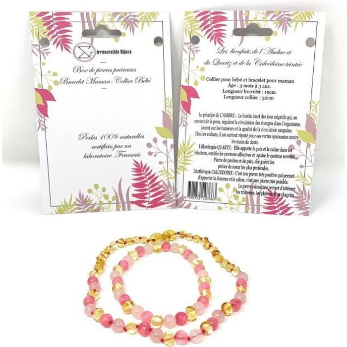 Box collier bébé et bacelet adulte -Ambre / Quartz/Calcédoine -Pierres naturelles -Vertus -Idée cadeau -Méthode naturelle -Bienfaits