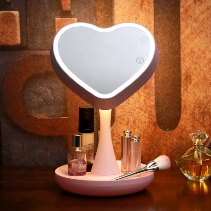 Miroir de maquillage avec lampe Led Lampe rechargeable en forme de coeur Coiffeuse Miroir avec lampe Rose