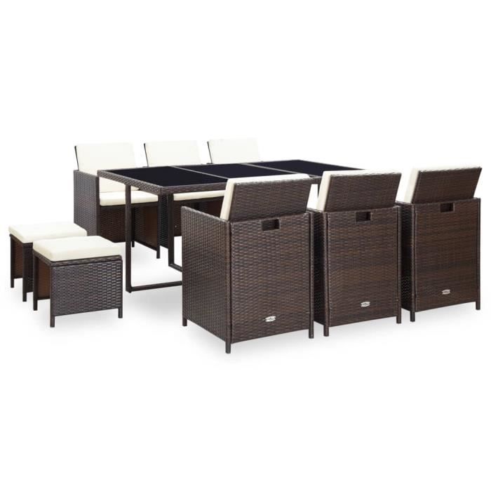 Salon de jardin encastrable 11 pcs avec coussins Rotin Marron HB044