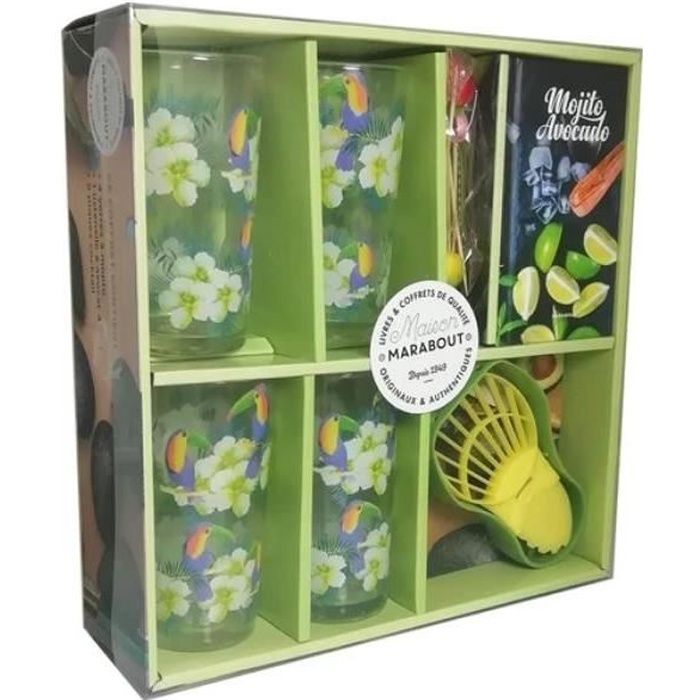 Coffret Mojito avocado - Apéro party avec 4 verres à mojito, 1 ustensile à avocat, 8 piques à cocktail un livre de recettes