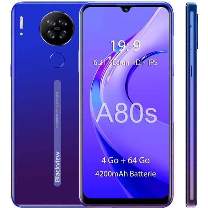 Blackview A80s Smartphone 6.22'' Écran 64 Go Octa Core Téléphone portable Débloqué GPS 13MP Caméra 4G Double SIM - Bleu