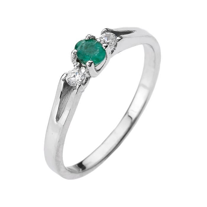Bague Femme 10 Ct Or Blanc Diamant Avec Emeraude Et Pierre De Naissance