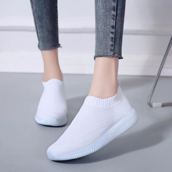 Chaussures de sport de couleur unie en maille extérieure pour femmes, chaussures respirantes, baskets Blanc